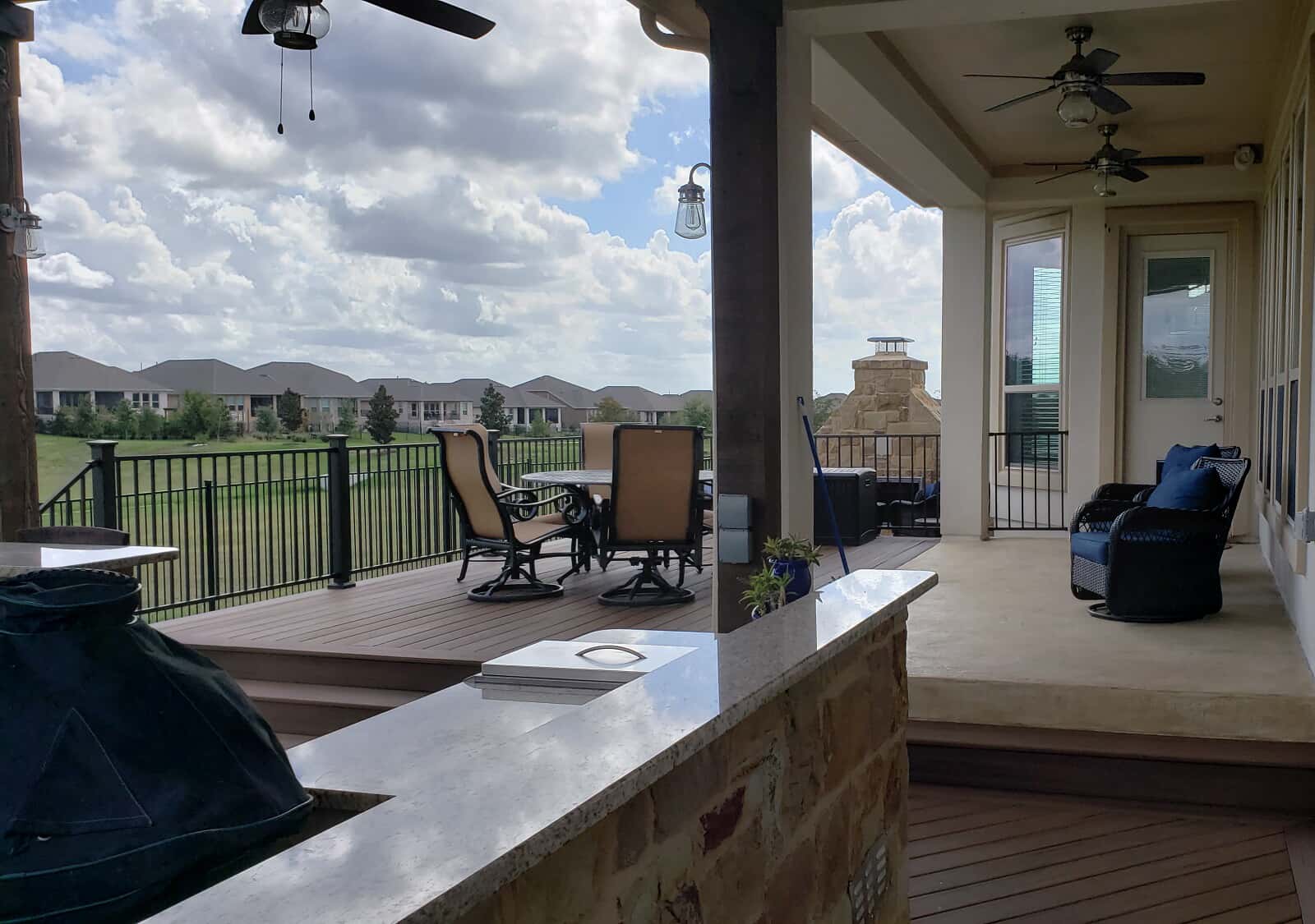 view from outdoor kitchen looking onto deck in round rock texas